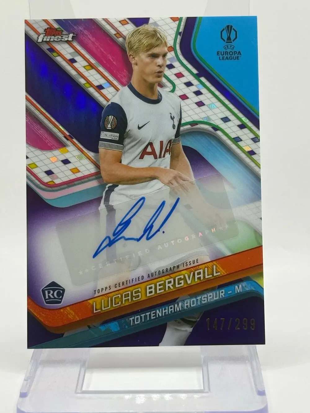 2024-25 Topps Finest UEFA Lucas Bergvall Rookie Purple Refractor Auto 147/299 RC